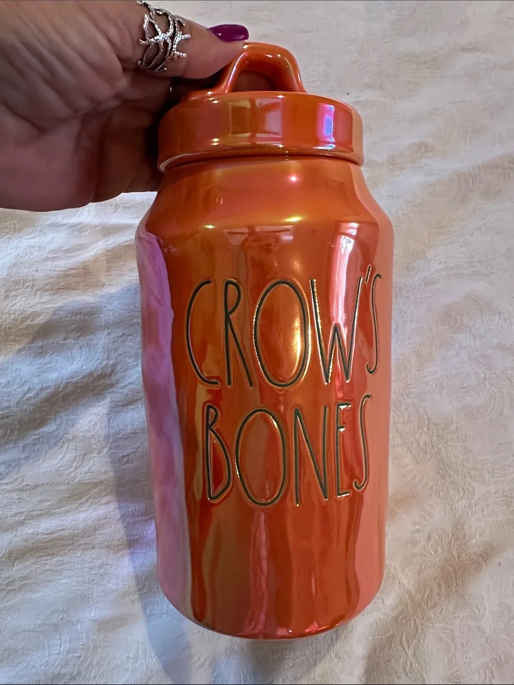 Rae Dunn Orange Luster Crow's Bones Canister Halloween